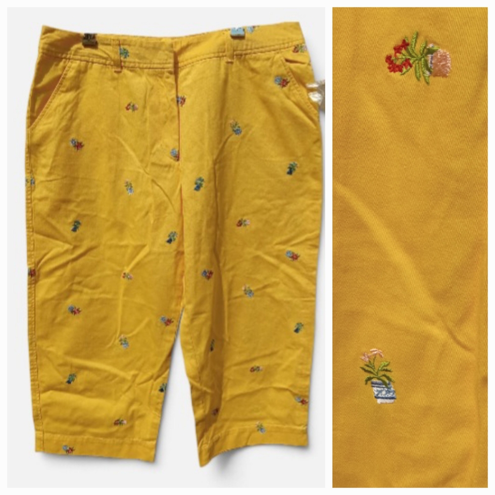 Floral Embroidered Capri Yellow Cotton Pants Size 14 P